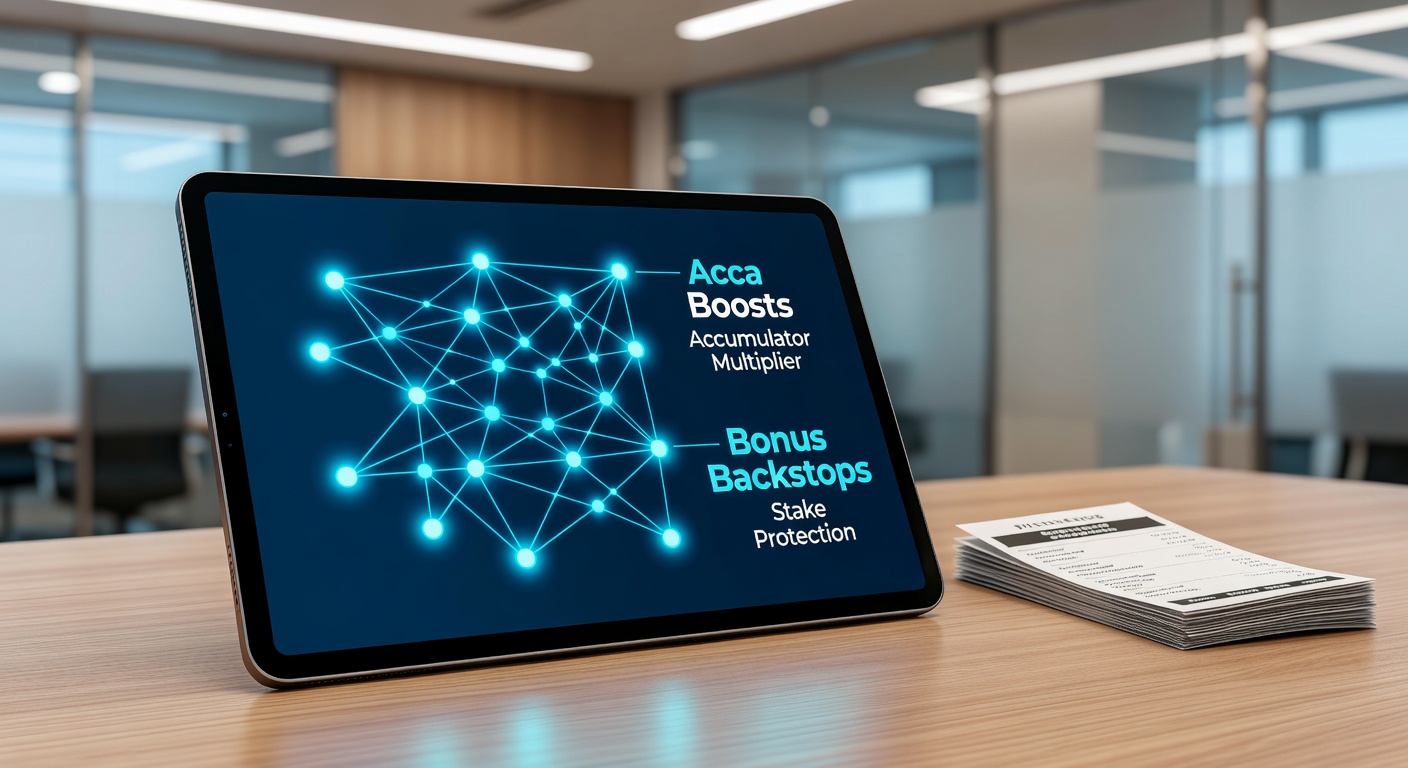 Illustration of a bookmaker app screen displaying acca boost options and bonus backstop terms for multi-bets