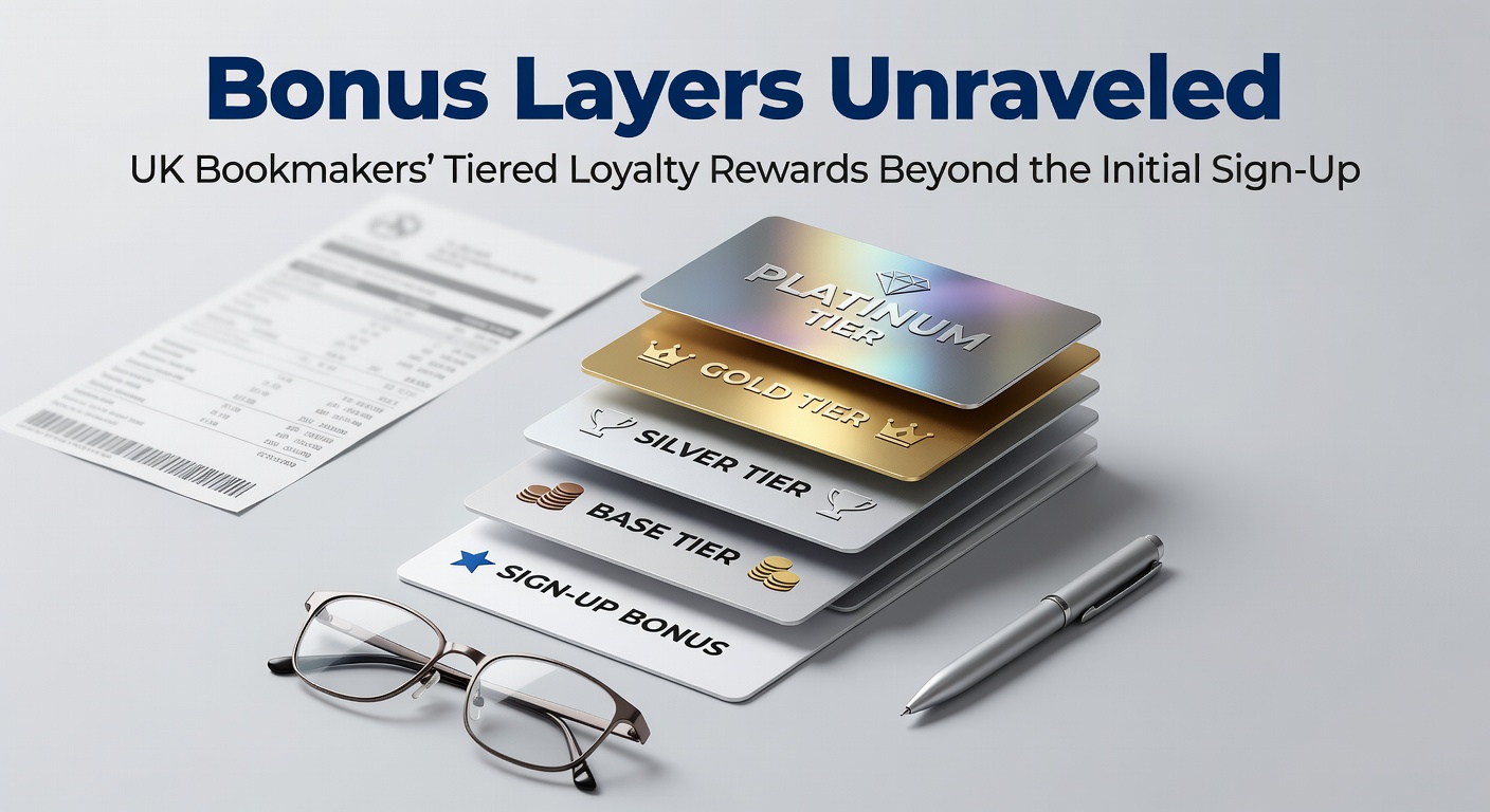 Graphic illustrating tiered loyalty levels from bronze to VIP in UK bookmaker apps, with escalating reward icons like free bets and cashback