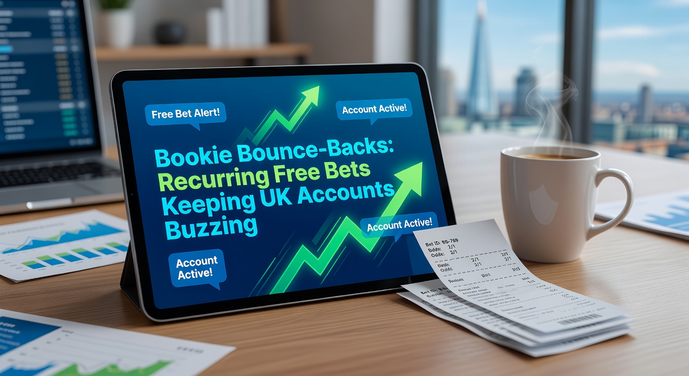 Graphic showing a betting account dashboard with recurring free bet notifications popping up amid active wagers and balance boosts