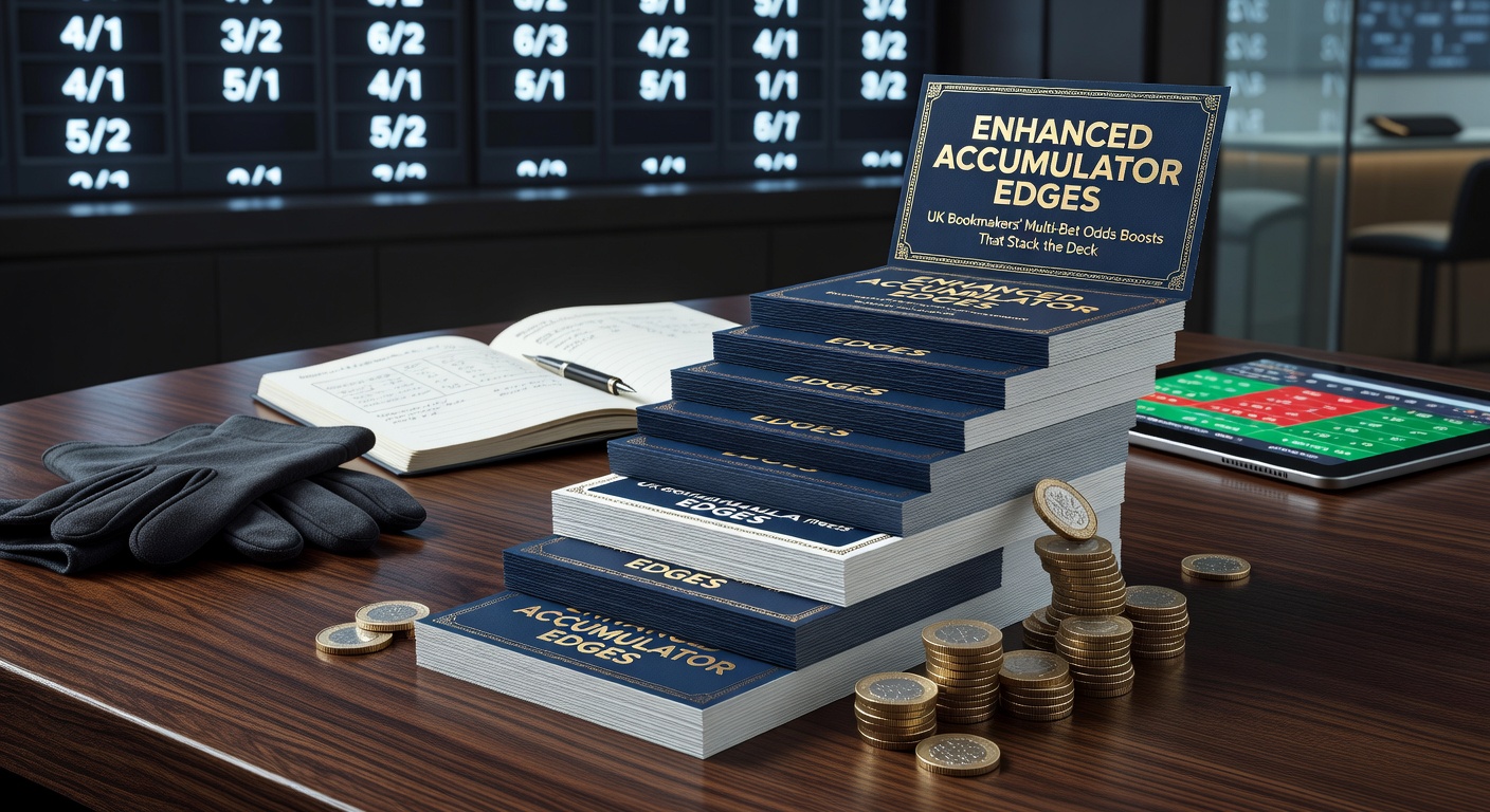 Graphic showing stacked accumulator bets with glowing odds boosts on a UK bookmaker interface, highlighting multi-leg enhancements