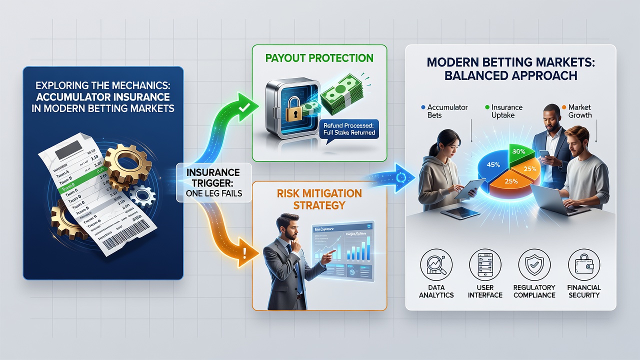 Illustration of betting platform interface displaying accumulator insurance options and payout calculations for multi-leg wagers