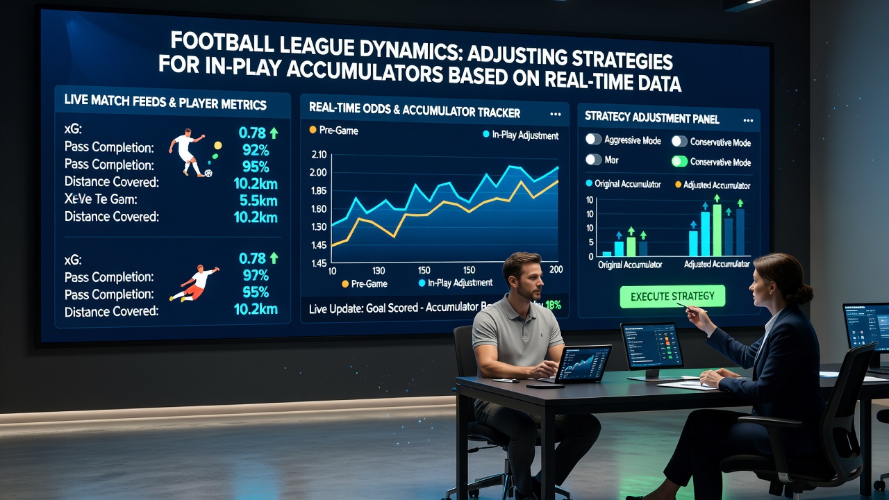 In-play accumulator betting interface displaying live odds adjustments and strategy overlays