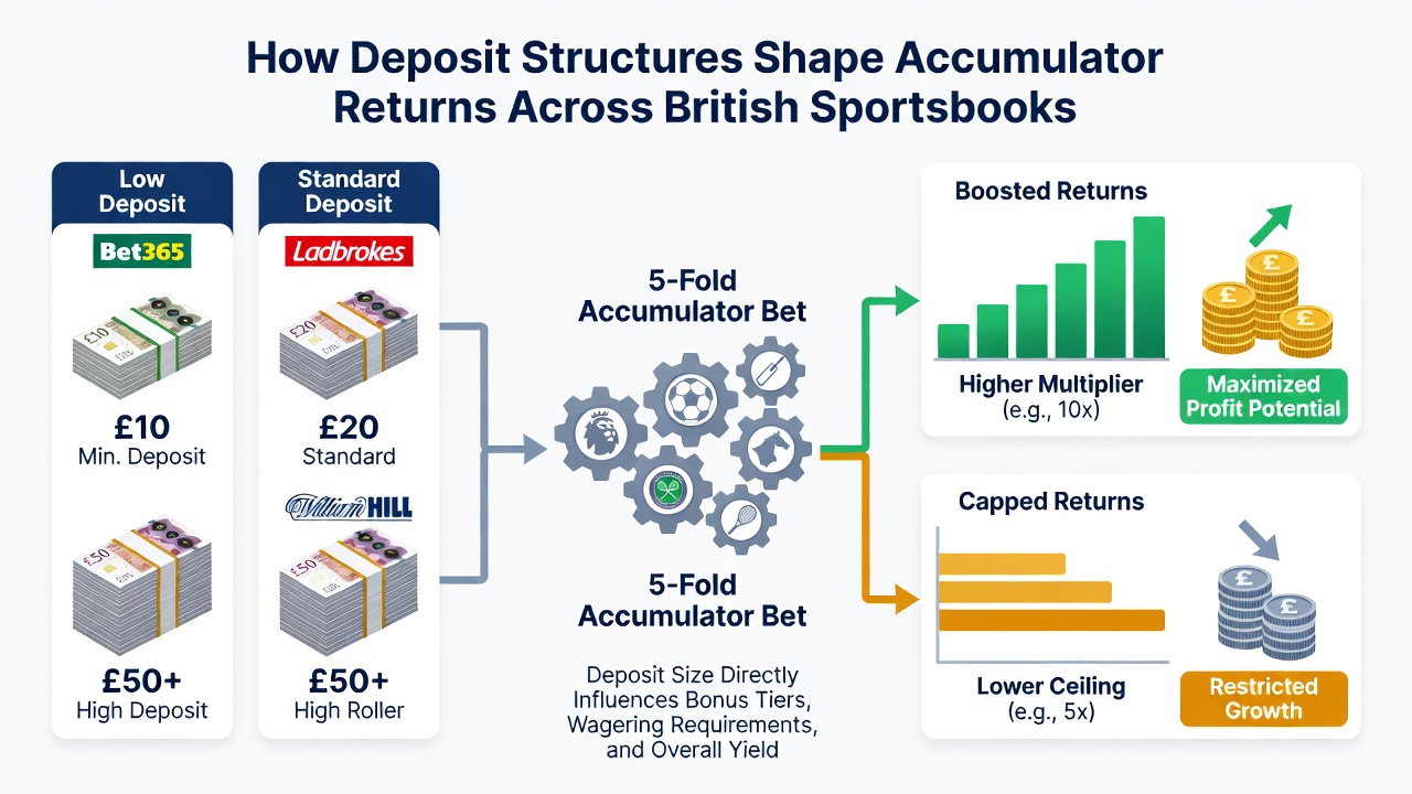 Chart comparing accumulator returns under different deposit structures at British bookmakers