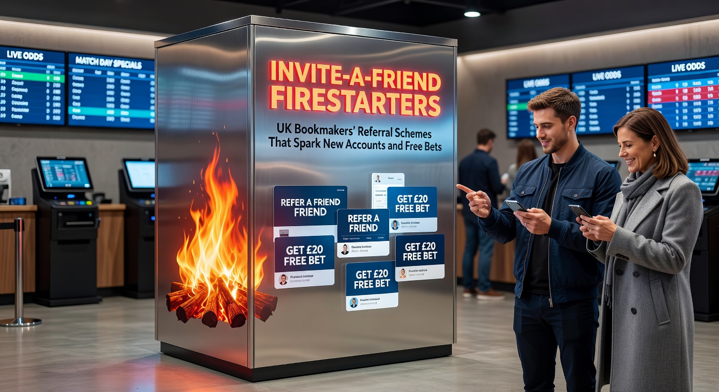 Graphic showing friends sharing a betting app referral link, with free bet icons sparking like fireworks