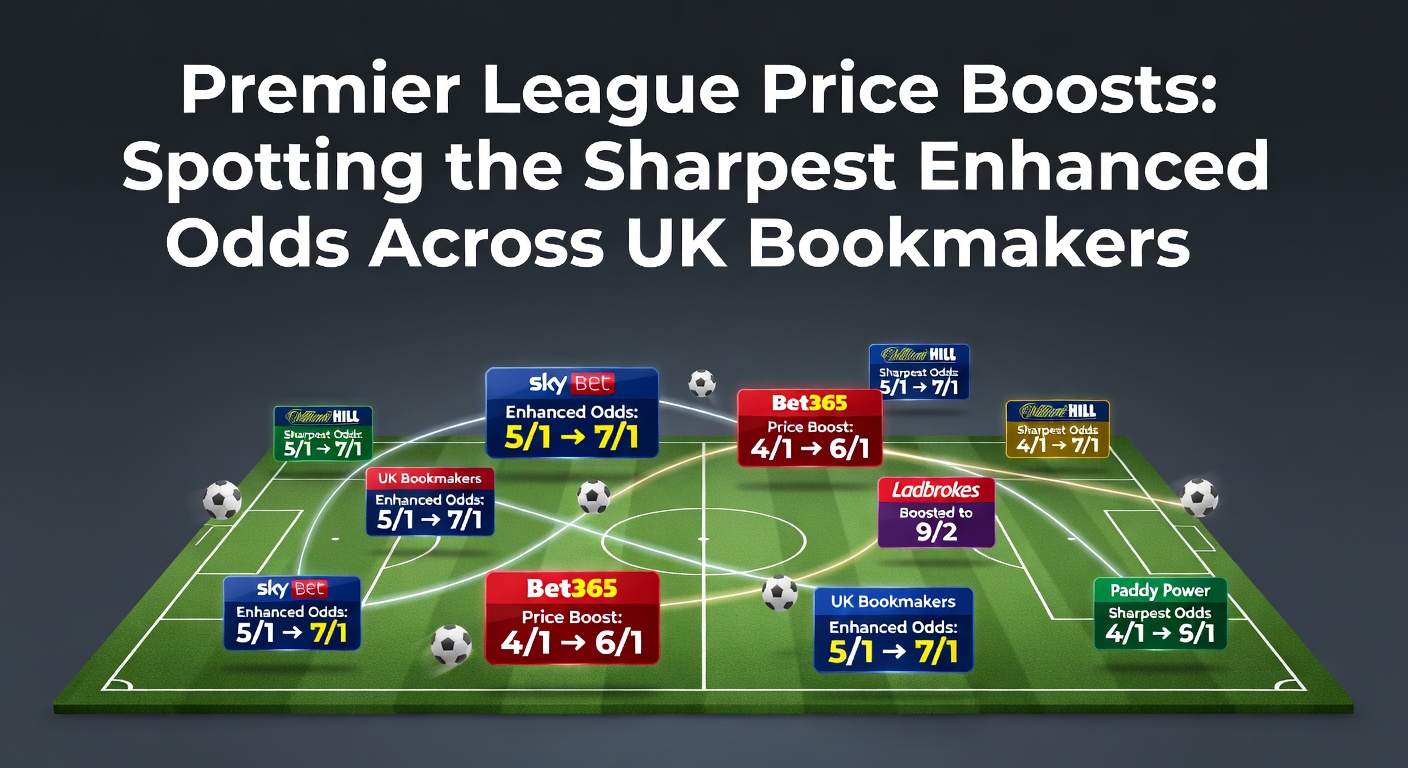 Vibrant Premier League stadium scene with overlaid enhanced odds displays from various UK bookmakers, highlighting price boost promotions during a live match