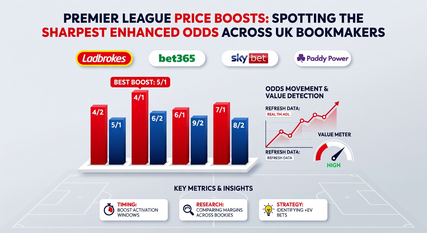 Comparison chart of Premier League price boosts from top UK bookmakers, showing enhanced odds side-by-side for a hypothetical Manchester United vs. Chelsea match