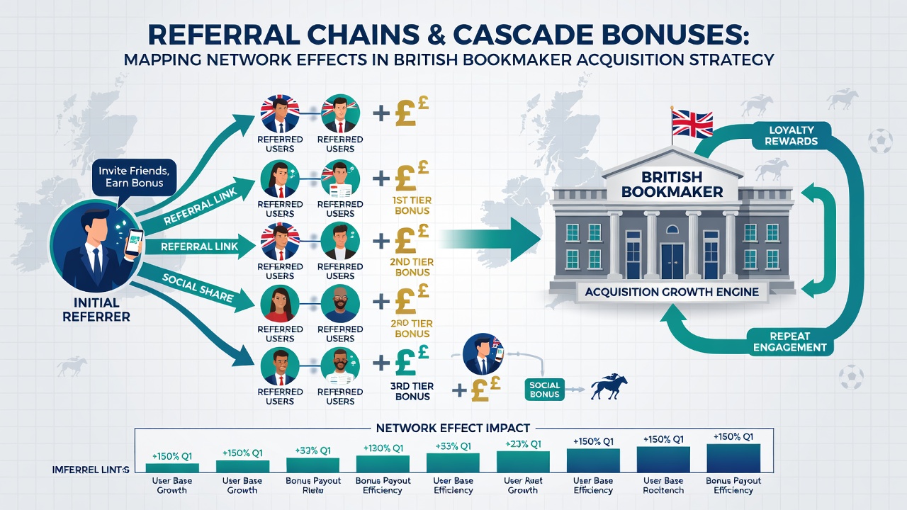 Infographic mapping bonus cascade flows and network growth metrics in bookmaker acquisition