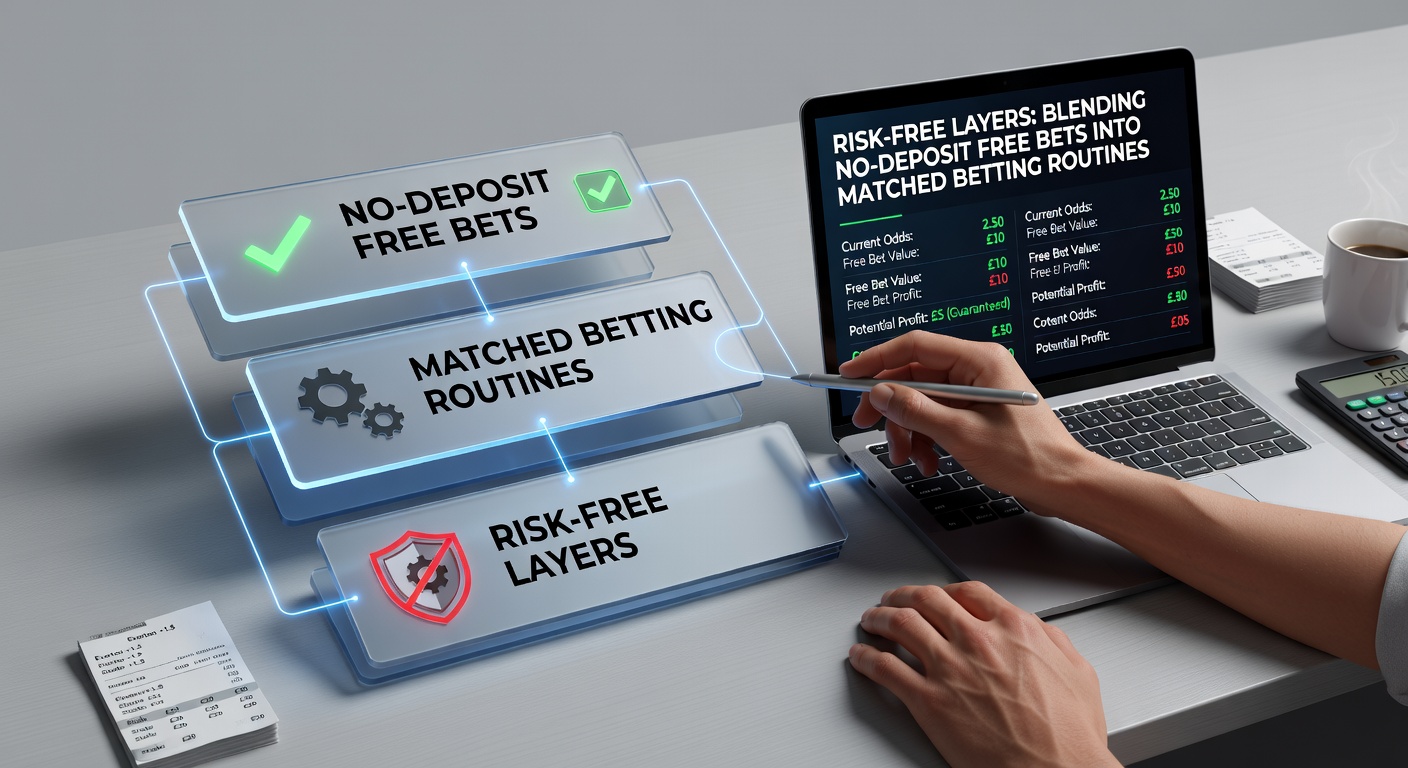Illustration of layered betting strategies showing free bet icons merging with matched bet diagrams on a digital interface